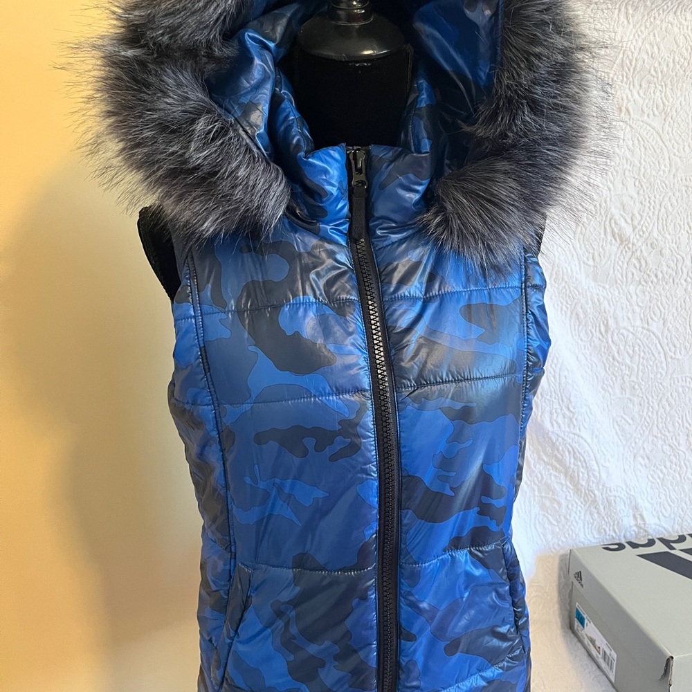 Tribal Blue Camouflage Puffer Vest with Faux Fur Trim
